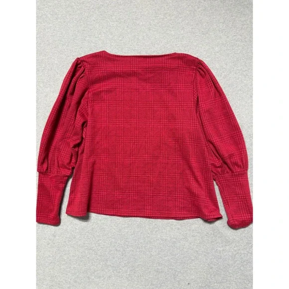 Mango Basics Red Glen Plaid Puff Sleeve Boat Neck Top Womens Size Small S - Picture 3 of 11
